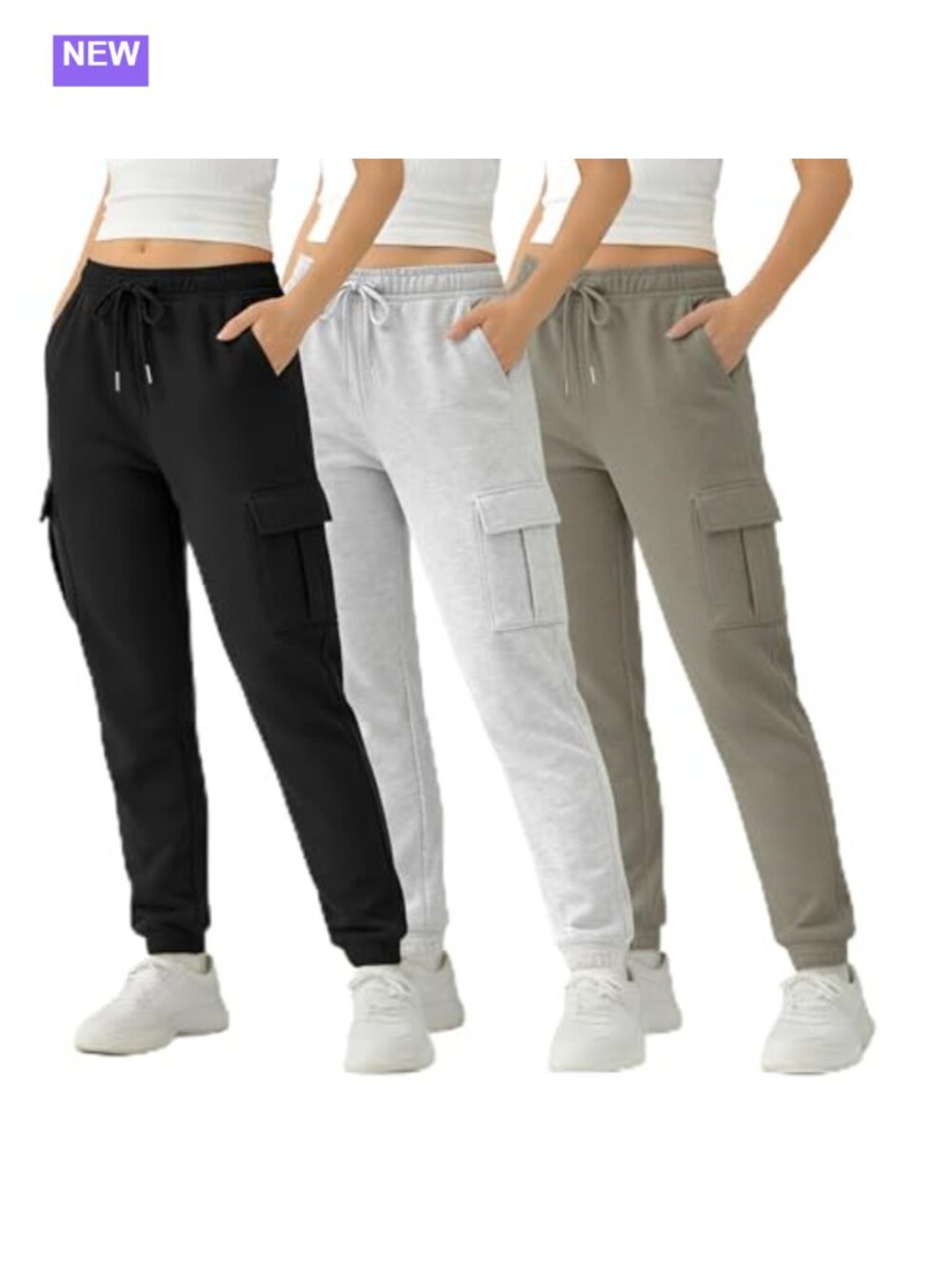 Fleece Cargo Joggers Tapered Cuffed Sweatpants 4 Pockets 3 Pack